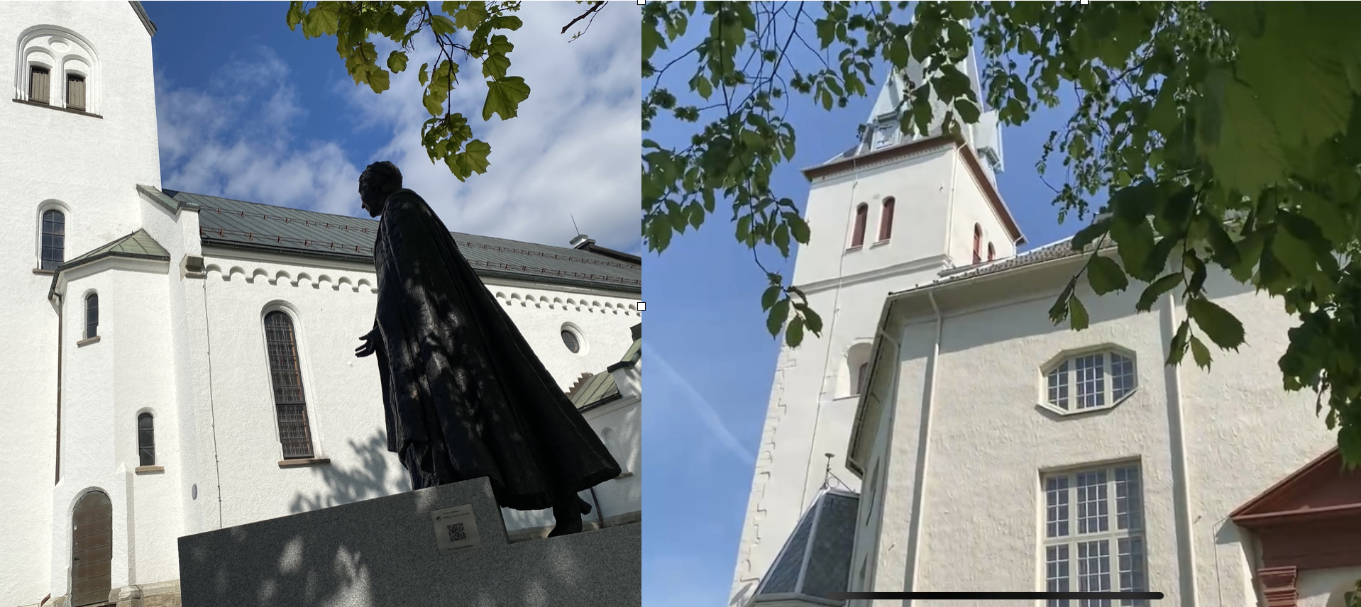 Hamar domkirke med statue av Rosemarie Køhn til venstre og Vang kirke til høyre.
